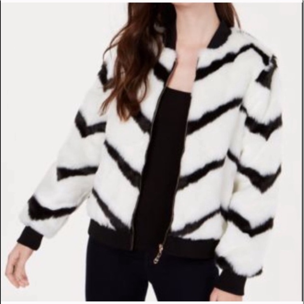 Black and white chevron faux fur jacket